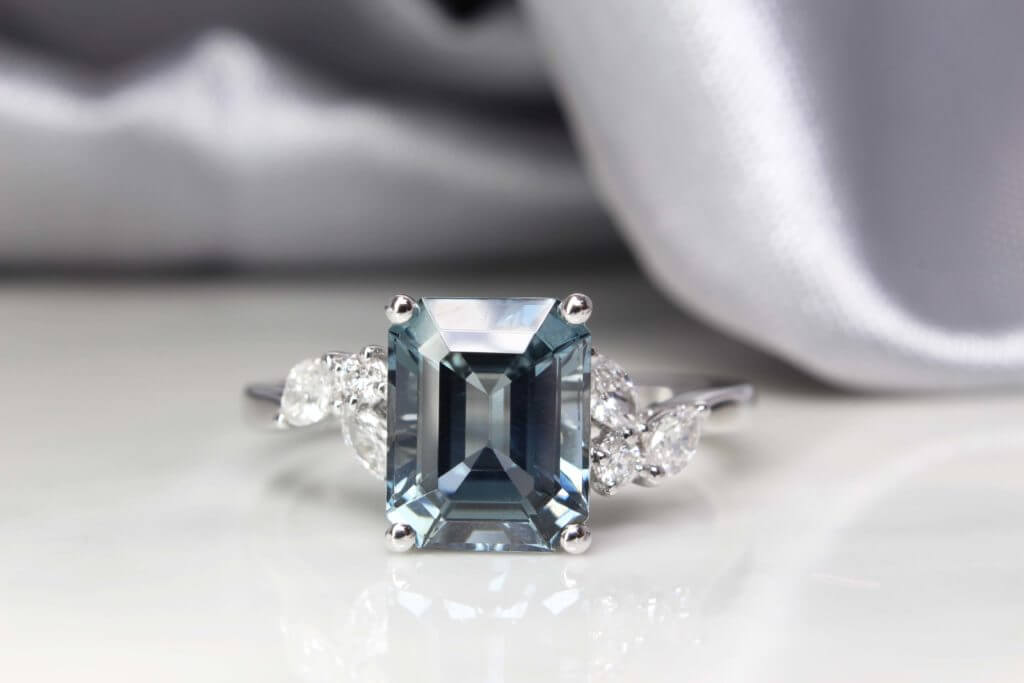 Bluish Grey Spinel Emerald shape Engagement Ring in white gold, marquise diamonds | Singapore bespoke jewelry in customised design gemstone Wedding Jewellery.
