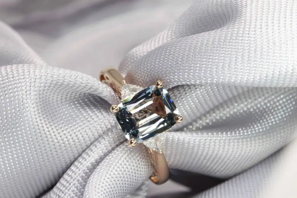 Bluish Grey Spinel Engagement Ring Bluish Grey Spinel Coloured Gemstone Customised Engagement Ring - Spinel colored gemstone & Trilliant diamond | Spinel diamond and Customised design Singapore.