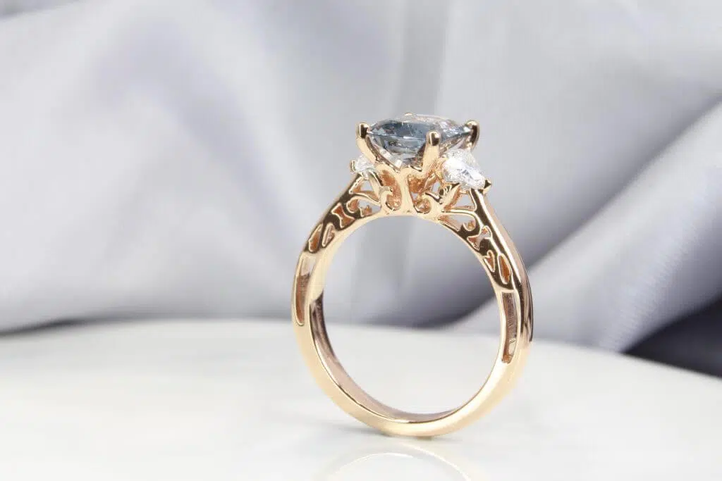 Bluish Grey Spinel with art deco design Bluish Grey Spinel Coloured Gemstone Customised Engagement Ring - Spinel colored gemstone & Trilliant diamond | Spinel diamond and Customised design Singapore.