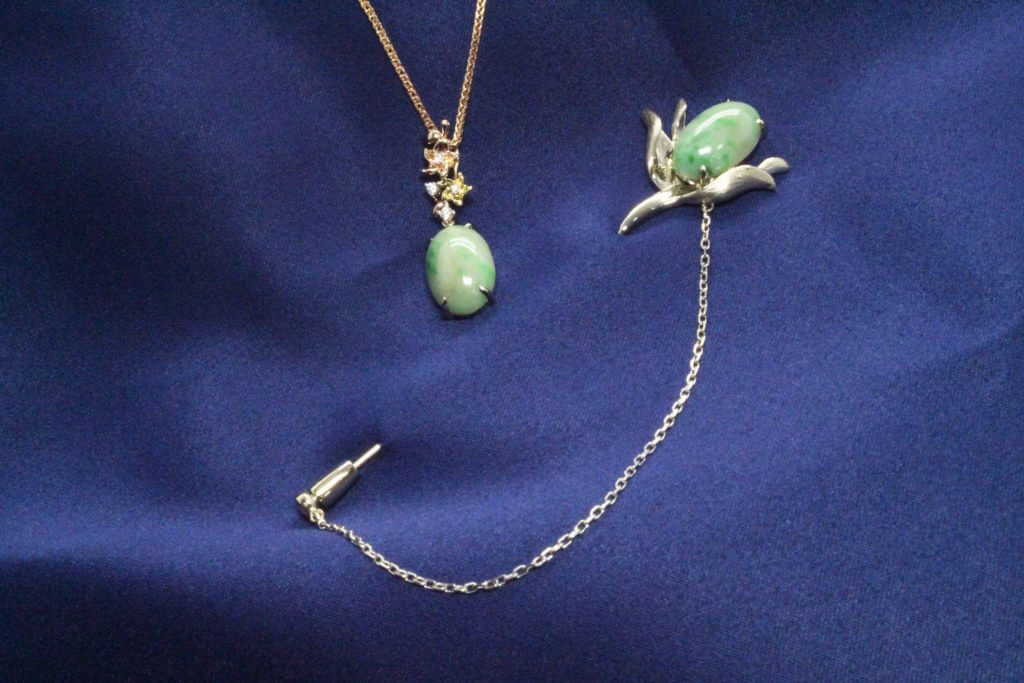 Wedding Jewellery with Heirloom Jade Jewellery in Natural White Gold, Customised Jade pendant and Men's Jewellery Lapel Pin | Customised Wedding Jewellery