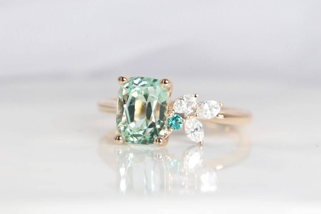 Green Tourmaline & Paraiba Tourmaline with marquise diamond cluster ring | Colour gemstone custom to cluster ring, Anniversary gift personalised bespoke Jewelry