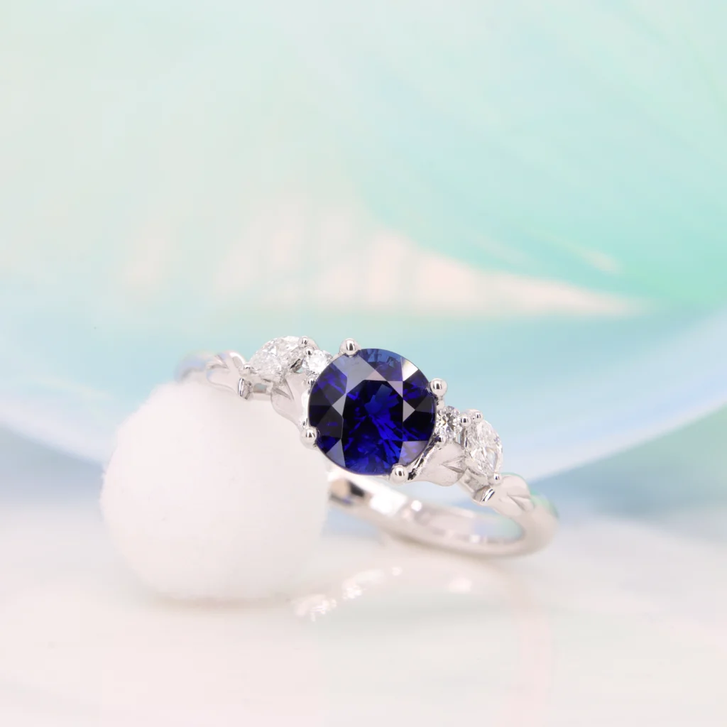 Unheated Blue Sapphire Ring with Natural Leaves Design - Unique Gemstone Sapphire Engagement Ring 