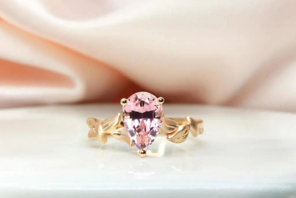 Pink Tourmaline Natural Leaves Ring Pink Tourmaline customised into a natural leaves wedding ring, a unique engagement ring for wedding proposal | Singapore Jeweler bespoke tourmaline wedding jewelry.