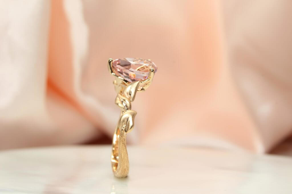 Pink Tourmaline customised into a floral wedding ring, a unique engagement ring for wedding proposal | Singapore Jeweler bespoke tourmaline wedding jewelry.