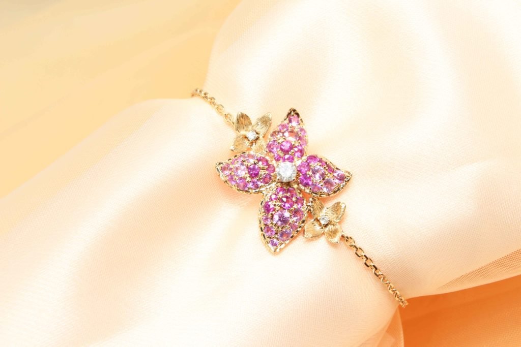 Rose gold floral bracelet with round brilliant diamonds and pink sapphires, GIOIA bespoke Singapore
