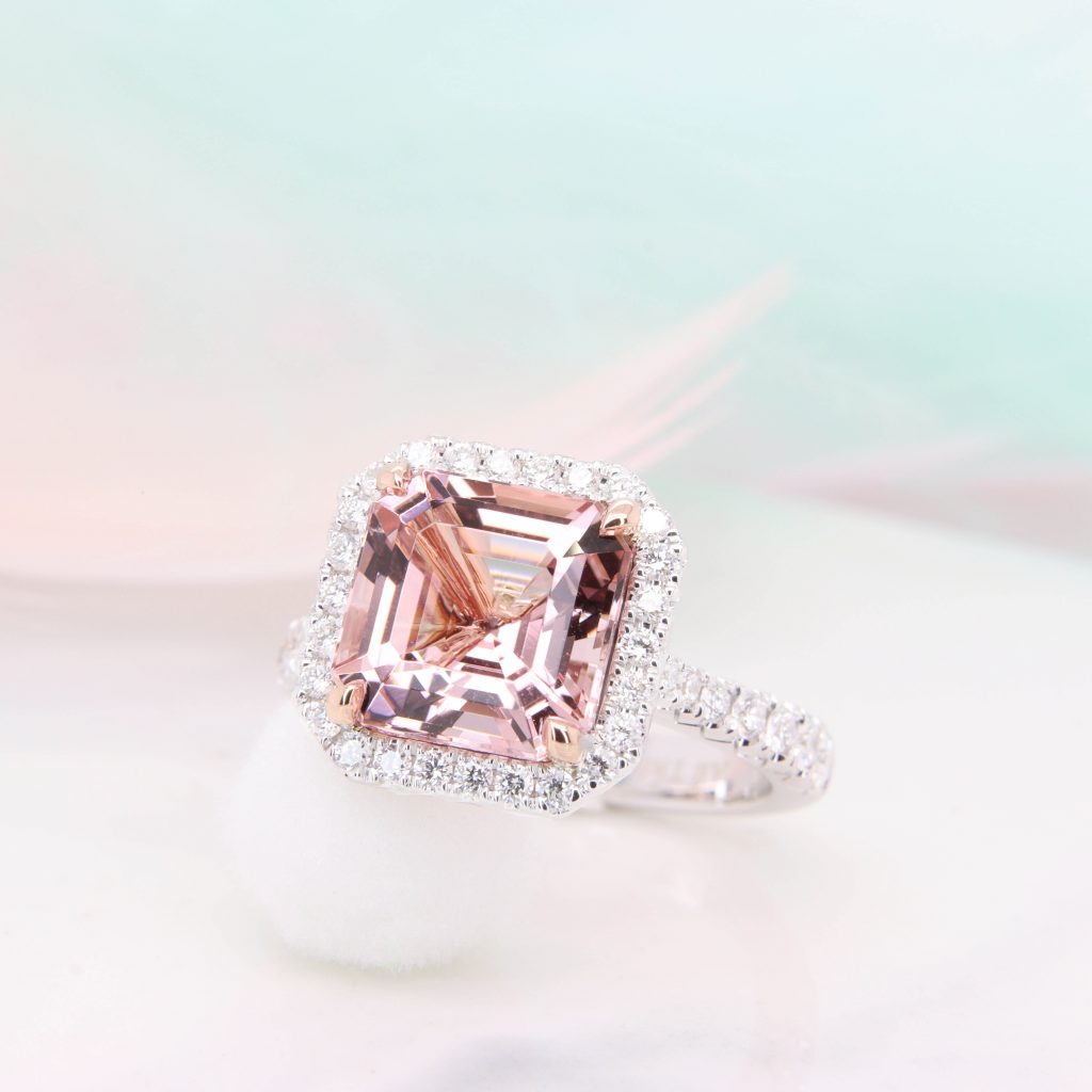 Morganite Ring with Asscher cut Halo Diamond Anniversary ring