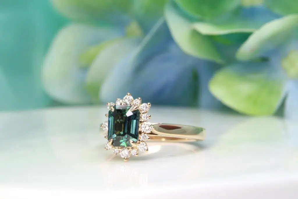 Teal Sapphire Engagement Ring - Blue Green Sapphire with Halo Diamond
