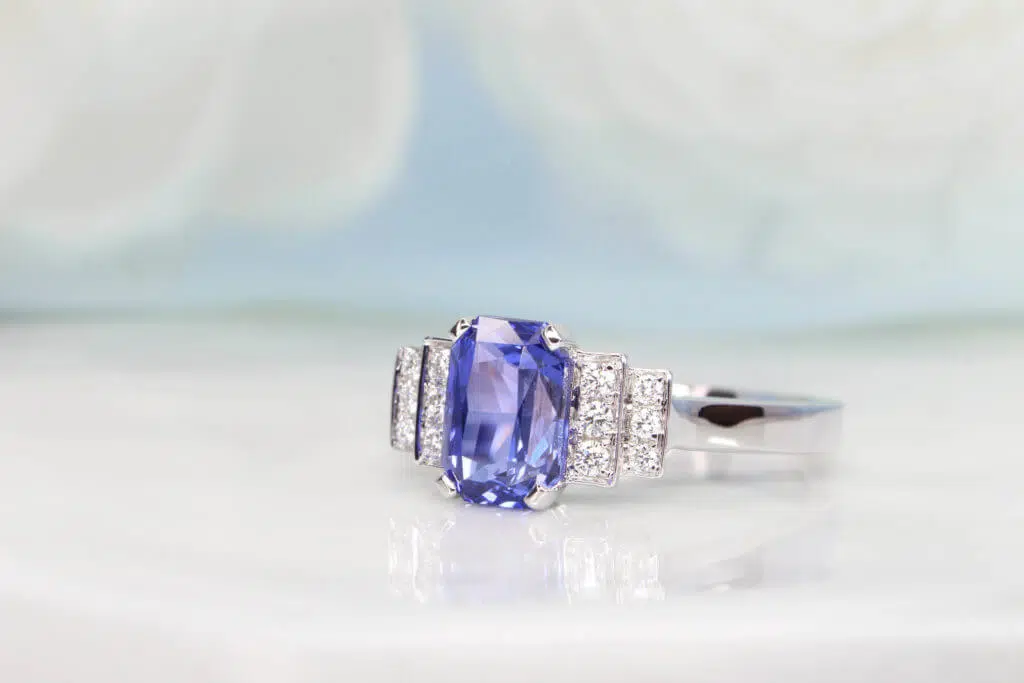 Art Deco Ring customised with unheated octagon sapphire and round brilliance diamond, customised unique vintage ring look in art deco design Local Singapore Custom Jeweller in Fine Jewellery with coloured gemstone and diamond jewellery
