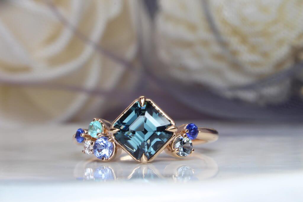 Cluster Engagement Ring with Bluish Green Teal Spinel, blue sapphire & Brazil Paraiba Tourmaline Gemstones Cluster design | wedding Engagement ring Singapore. 