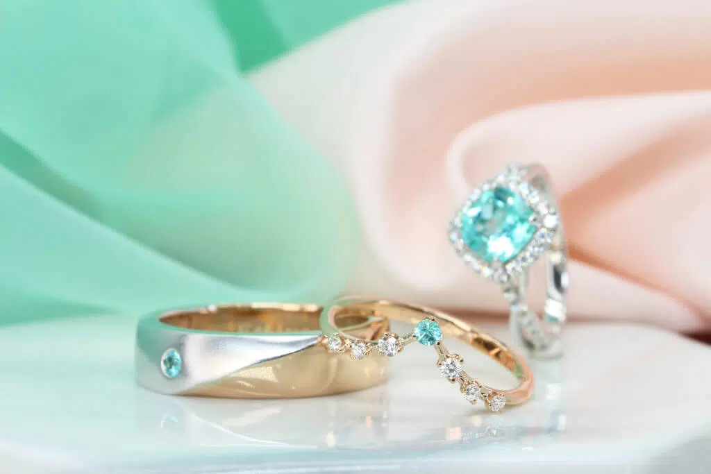 Custom Paraiba Tourmaline Wedding Rings from Proposal Ring with Twisted Diamond to Unique Wedding Bands with Brazil Paraiba Tourmaline Gemstone 