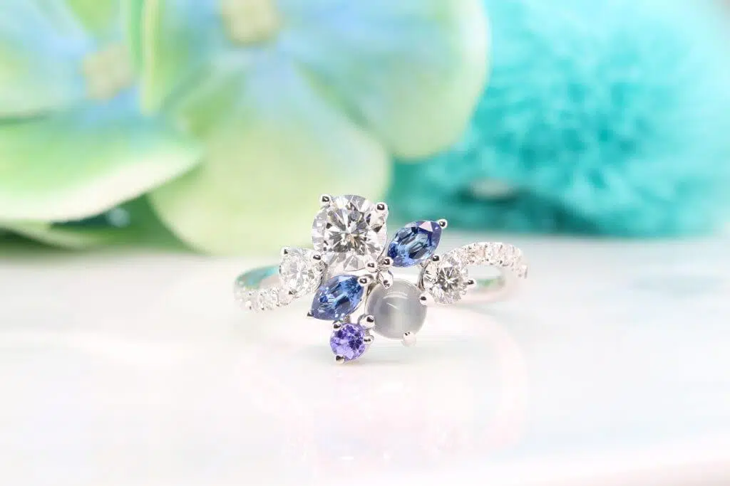 Family Cluster Ring with Birthstone sapphire, moonstone, amethyst and diamond Birthstone jewellery