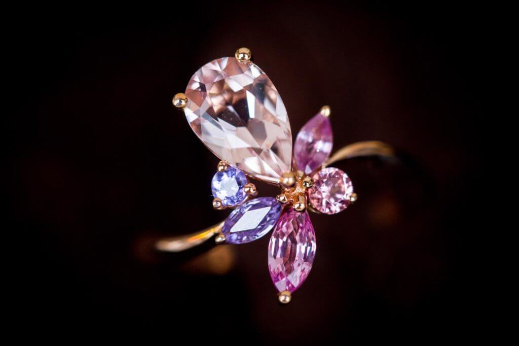 Floral Engagement Ring, customised with Morganite pear with orange and pink coloured shade, violet and pink sapphire in marquise shapes. Designed and crafted to a unique floral engagement ring | Local Singapore Jeweller customised engagement ring in floral design.