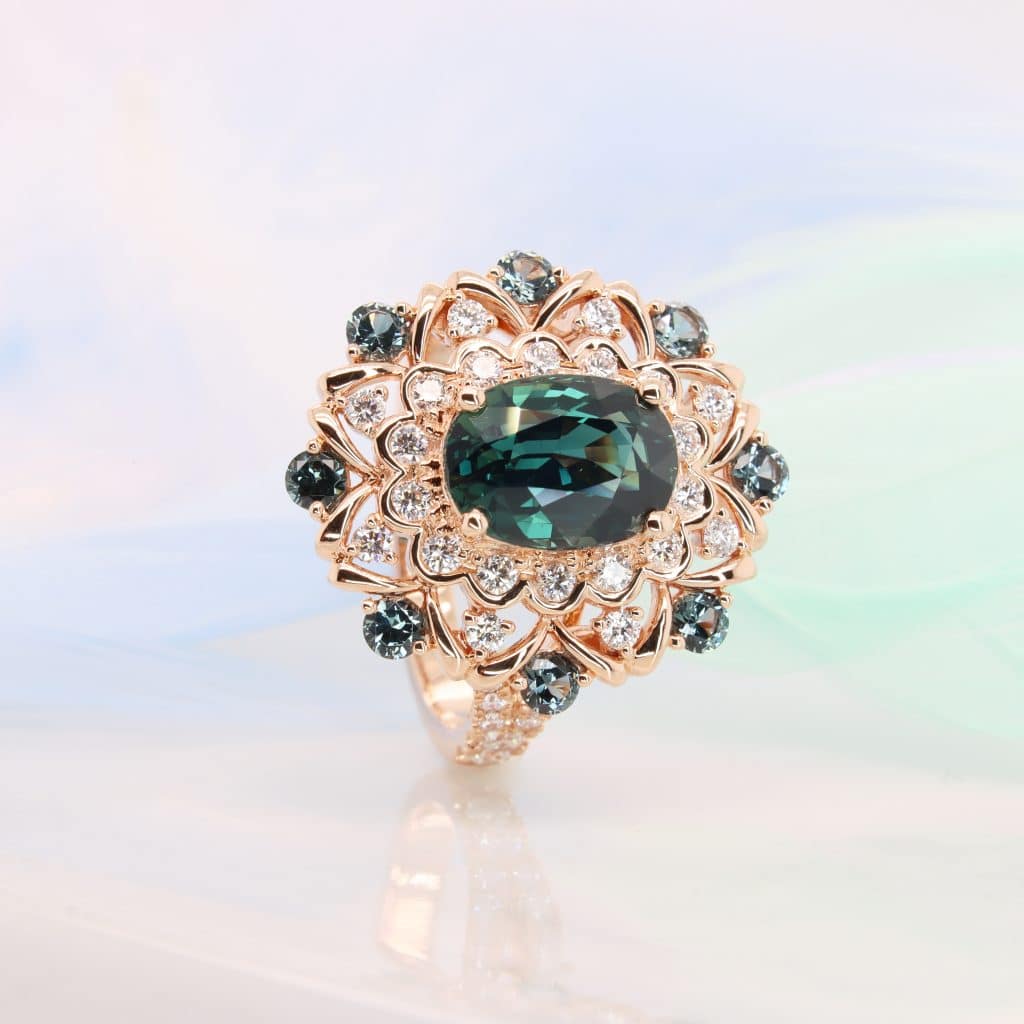Teal Sapphire Art Deco Vintage Design Ring