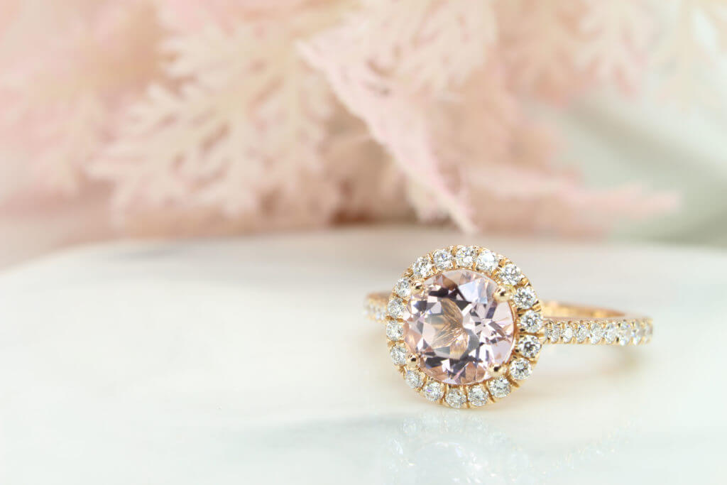 Morganite Diamond Ring Halo Wedding Proposal, Fine Pink morganite Round gemstone with halo diamond | Customised Engagement ring for Wedding Proposal Singapore