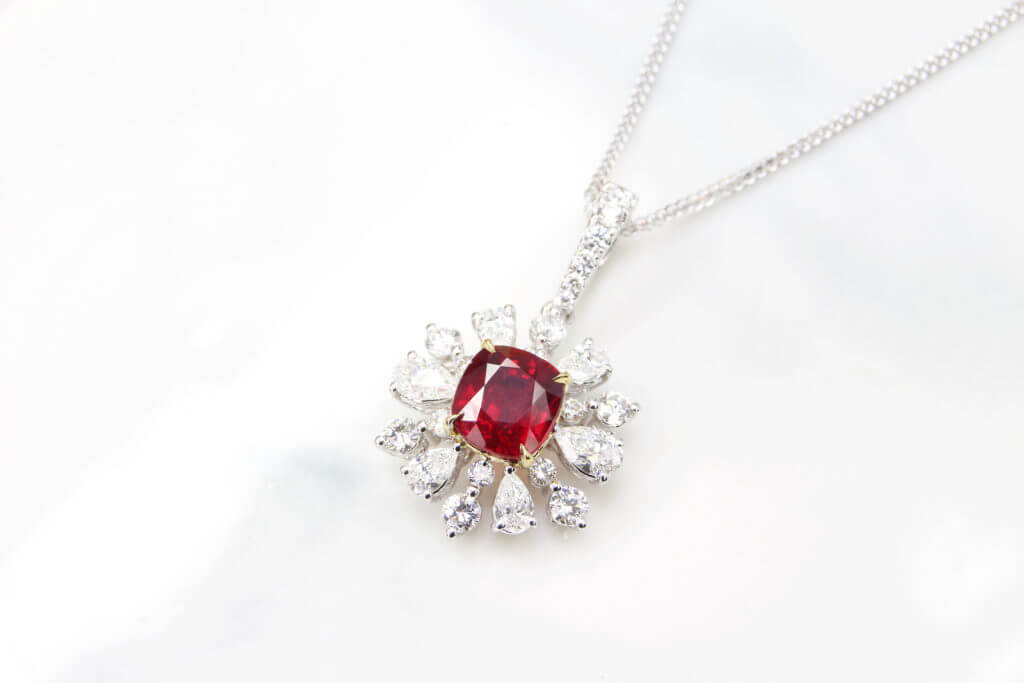 Ruby Pendant Jewellery - Customised with unheated Ruby with the most sought-after colour shade of Pigeon Blood | Singapore Jeweller, ruby and diamond pendant.