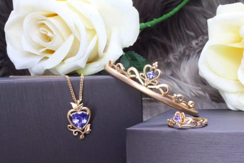 Fairytale Wedding Jewellery Fairytale Wedding Jewellery customised with the bride birthstone of Tanzanite in the month of December. Local Singapore Private Jeweller in Customised Wedding Jewellery with Necklace, Bangle and Ring unique crafted with fairytale story and gemstone jewellery.