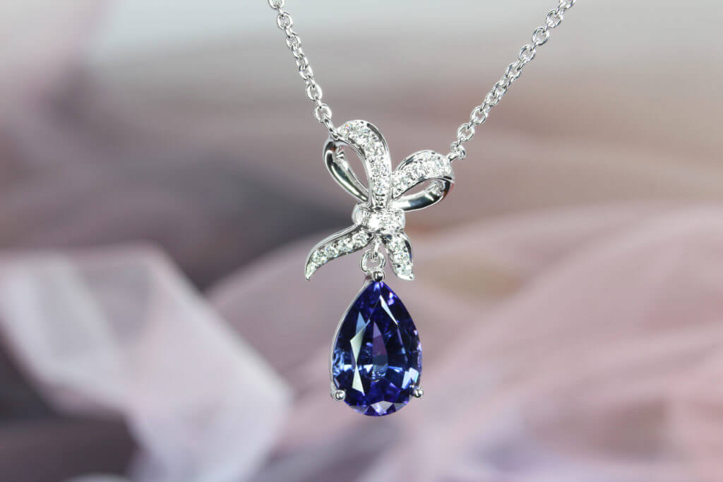 Tanzanite Pendant Jewellery - Customised Ribbon Diamond Pendant. Unique design of the pendant, a special Birthday gift. Pendant Fine jewelry with tanzanite.