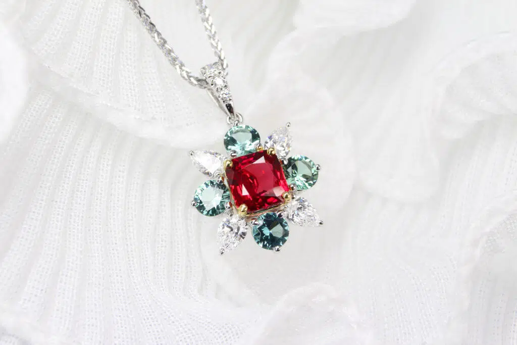 Ruby Pigeonblood ruby with tourmaline diamond ring 40th Anniversary Wedding Jewellery, unheated ruby clustered with round green tourmaline and pear diamond | Ruby & Tourmaline gemstone Wedding Jewelry Singapore.