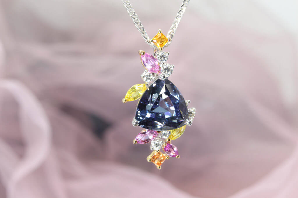 Tanzanite Sapphire Pendant customised from pink, yellow to orange shade. The flora-style cluster colorful gems. Customised fine jewelry with Tanzanite Sapphire.