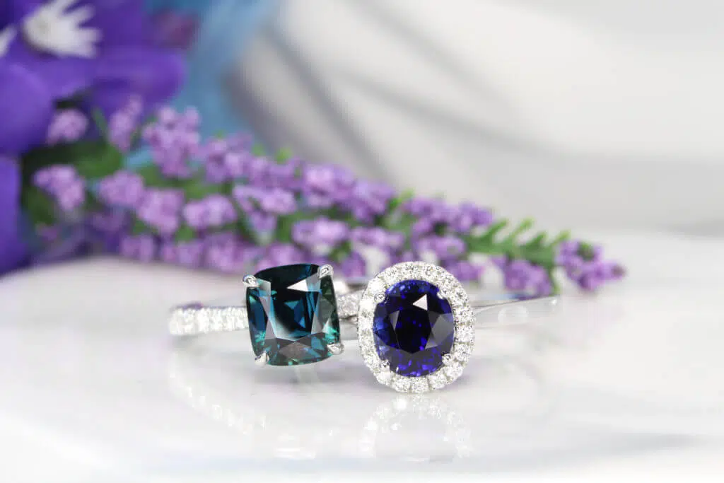Modern heirloom Jewellery - Personalised birthstone jewellery with royal blue sapphire and teal sapphire gemstone jewellery