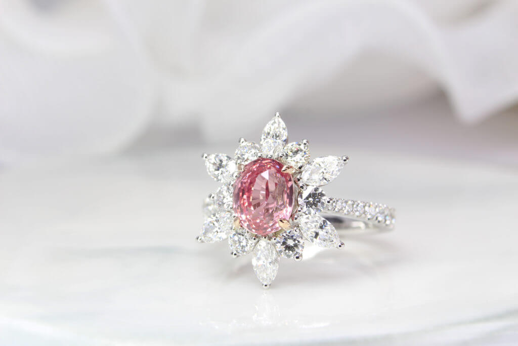 Sapphire Padparadscha Ring customised with halo starburst diamond ring. Natural padparadscha sapphire unheated & Heat | Customised Sapphire Padparadscha Jewelry