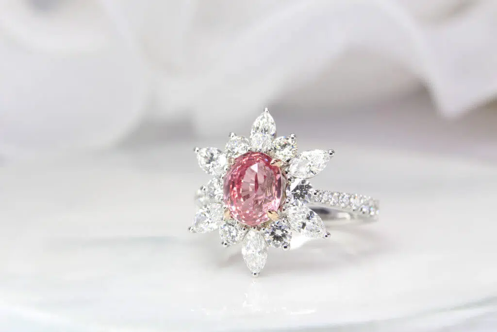 Padparadscha Sapphire Ring with halo starburst diamond ring setting from round to pear diamond - Natural padparadscha sapphire unheated without treatment. Padparadscha sapphire is truly exceptional and it exhibits brilliance and beauty in every sense. Customised Sapphire Padparadscha Jewellery