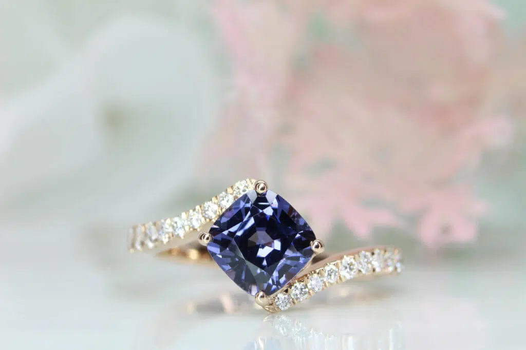 Violet Blue Spinel Proposal Ring customised with diamond in rose gold band - Unique Wedding Proposal with violet blue spinel gemstone. Tweak in the orientation of the cushion gem, rich colour make the design truly extraordinary proposal ring | Local Singapore Jewellery in Customised Proposal Ring