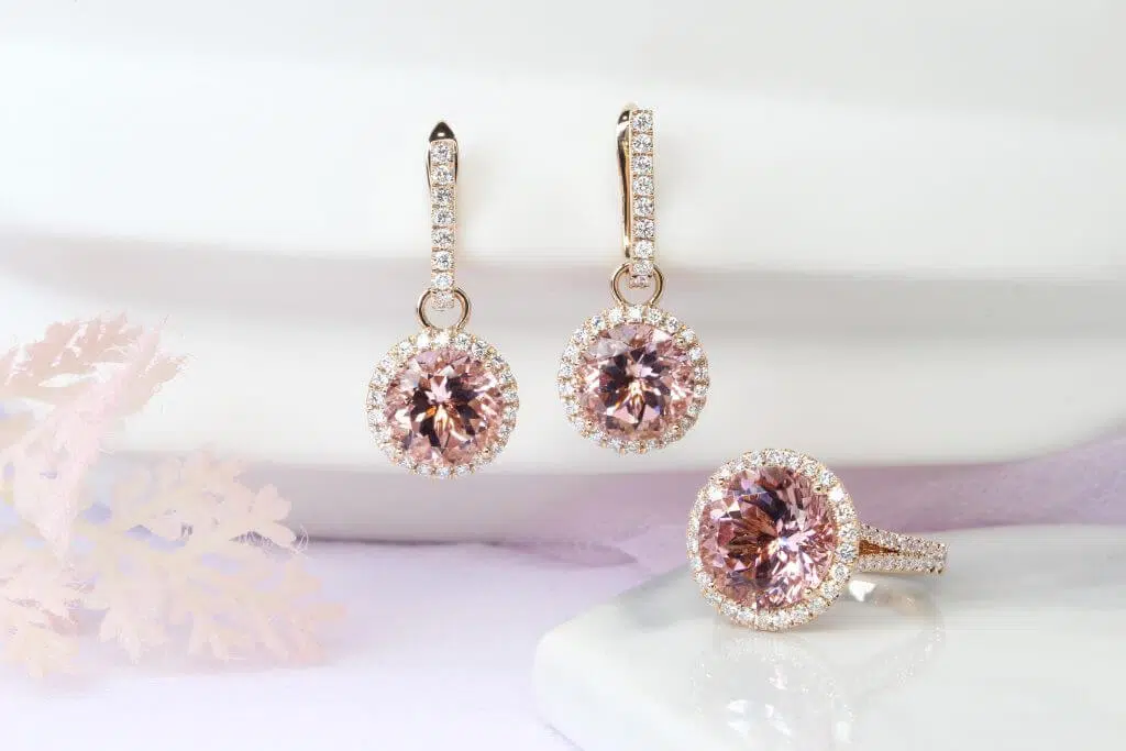 customised Jewellery set with morganite gemstone in halo diamond and dangle earring