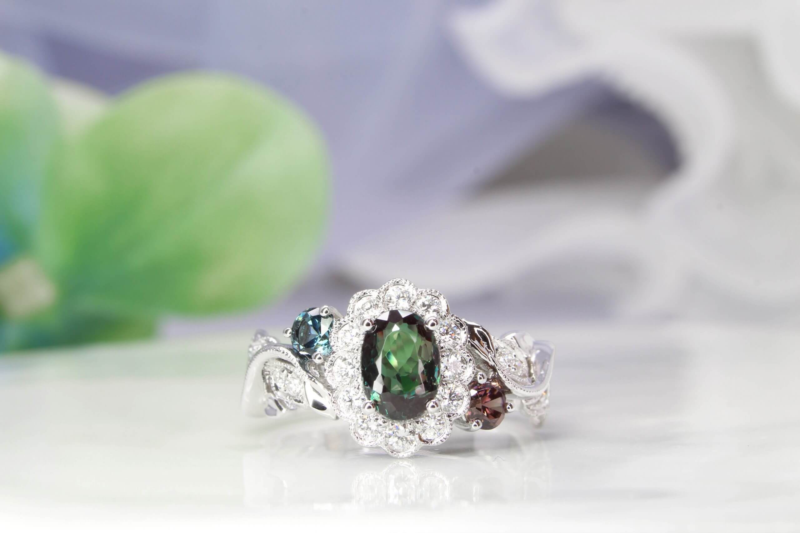 Alexandrite Flora Leaves with Halo Diamond Ring