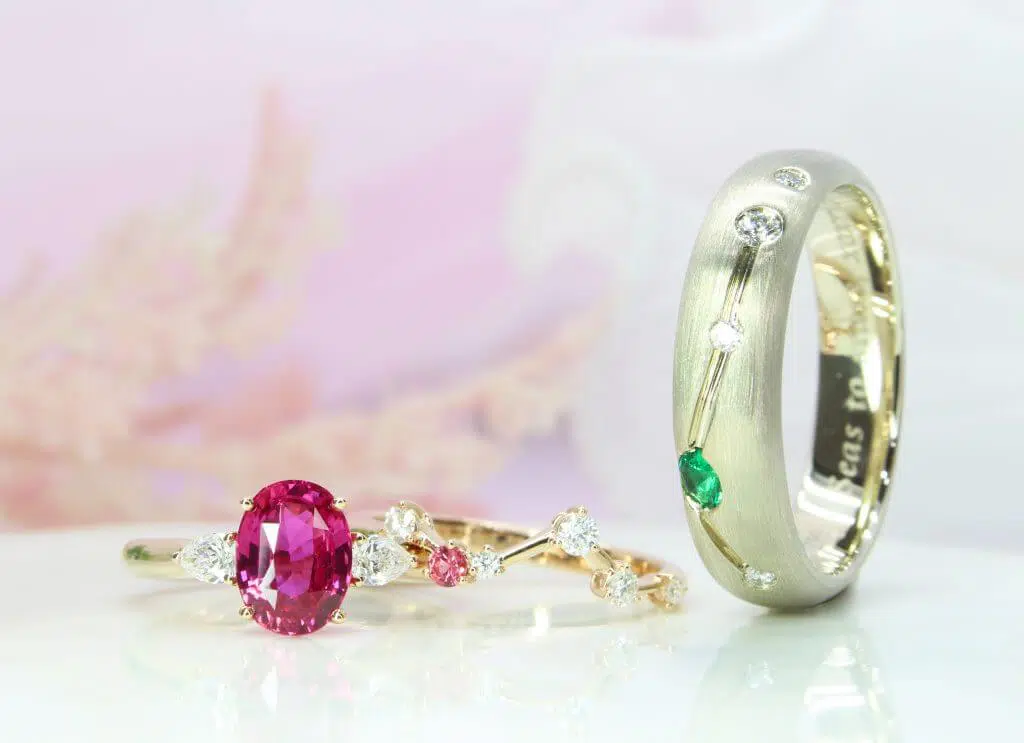 Pink sapphire trilogy engagement ring with constellation wedding bands in rose gold, GIOIA bespoke