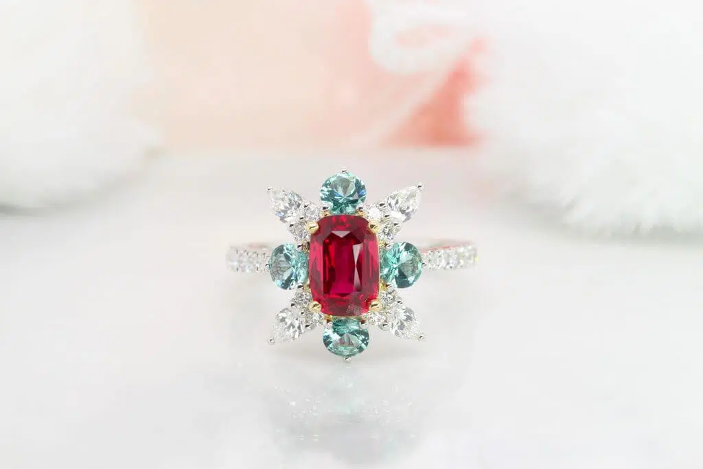 Ruby Pigeonblood ruby with tourmaline diamond ring 40th Anniversary Wedding Jewellery, unheated ruby clustered with round green tourmaline and pear diamond | Ruby & Tourmaline gemstone Wedding Jewelry Singapore.