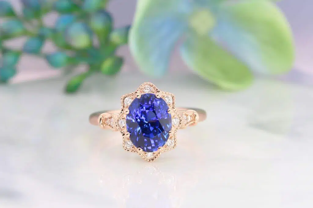 Blue Sapphire Vintage Floral Ring with Halo Diamond