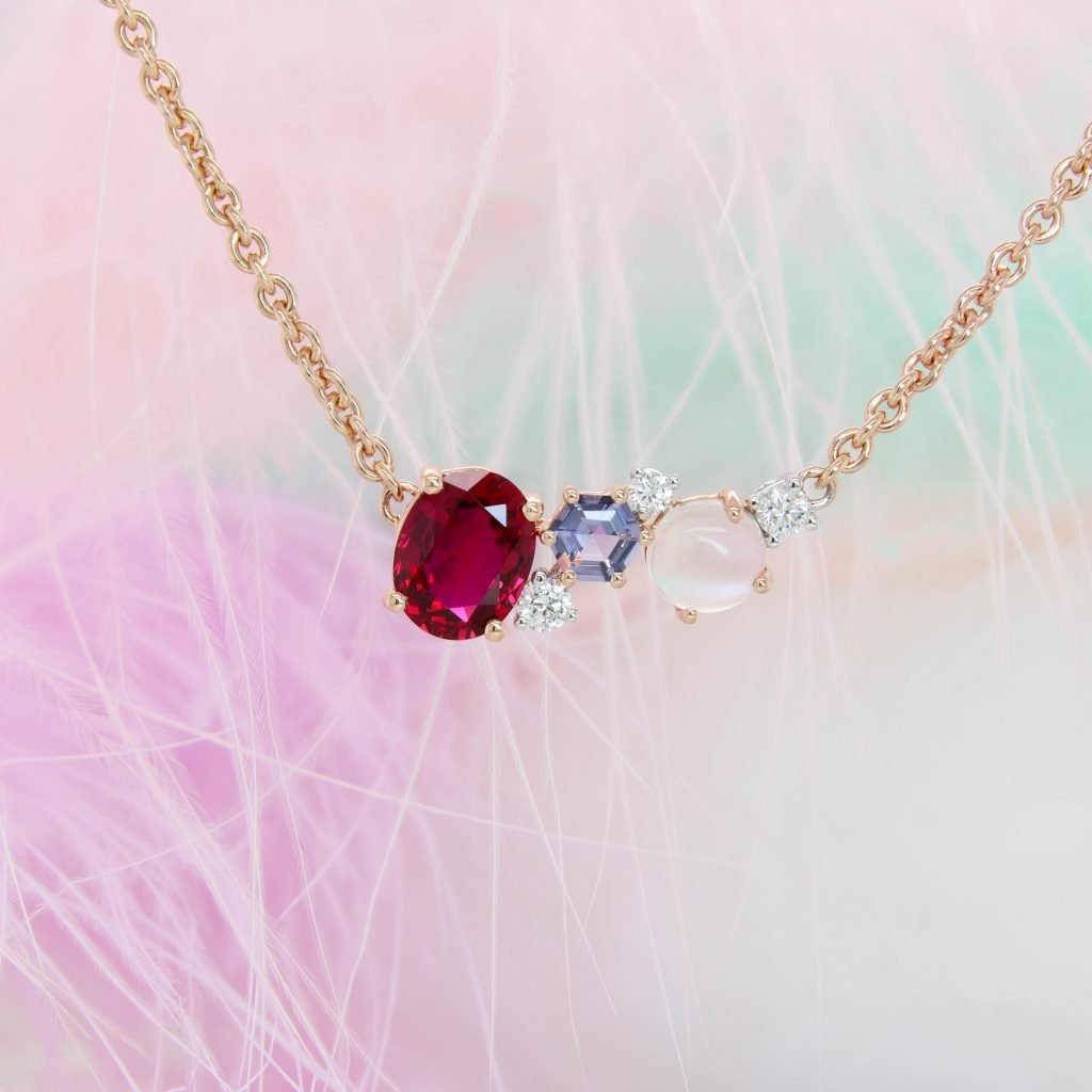 Ruby wedding jewellery customised with family birthstone.