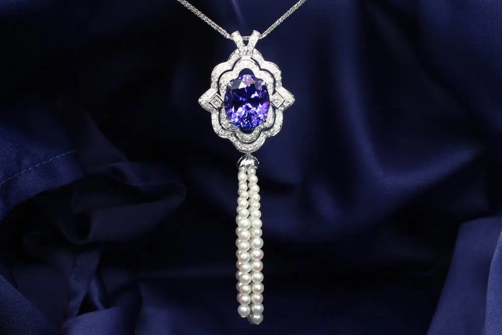 Art Deco Tanzanite Fine Jewellery Pendant with Pearl Tassel gemstone