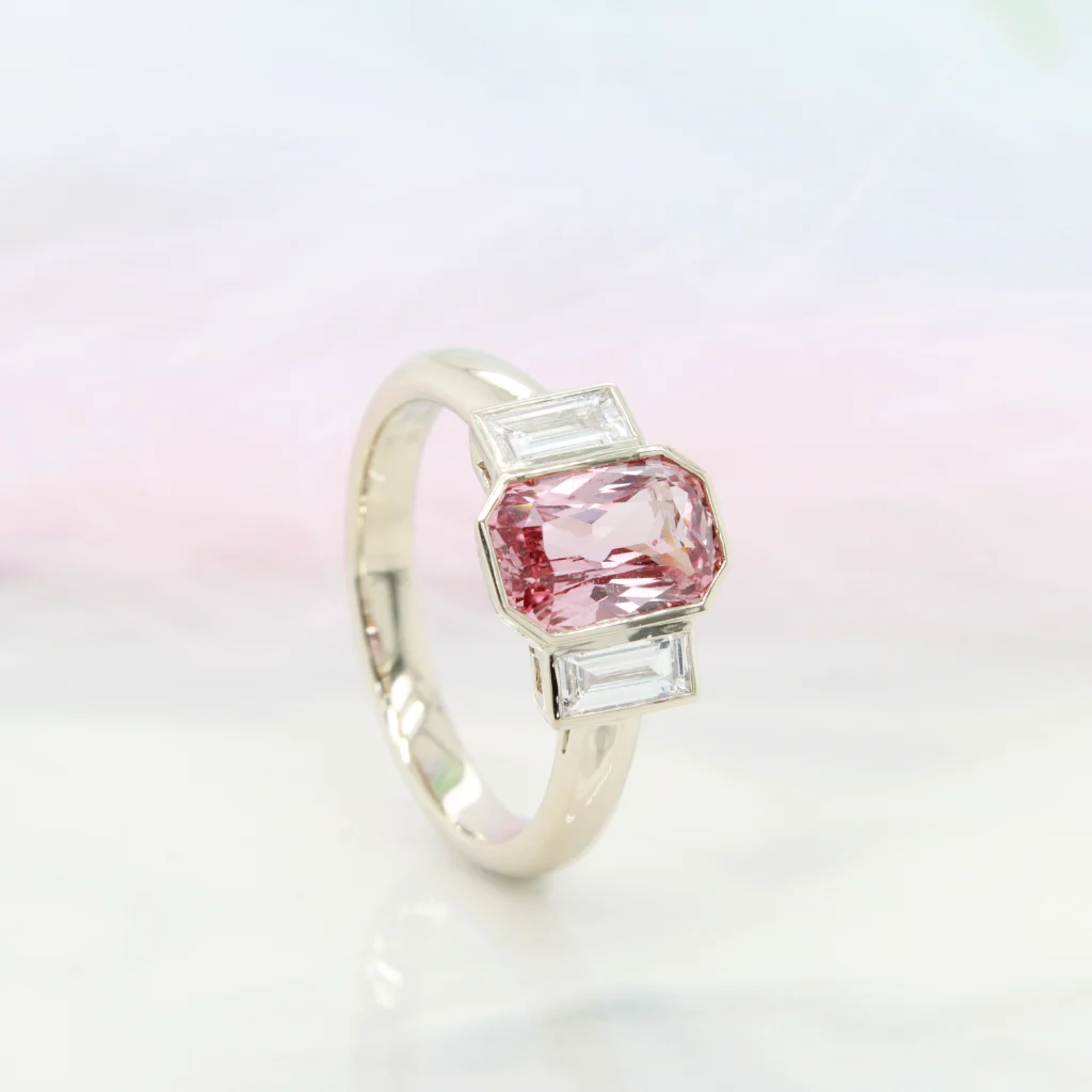 Sapphire Padparadscha Colour ArtDeco jewellery Diamond Bezel Champagne Gold Perspective