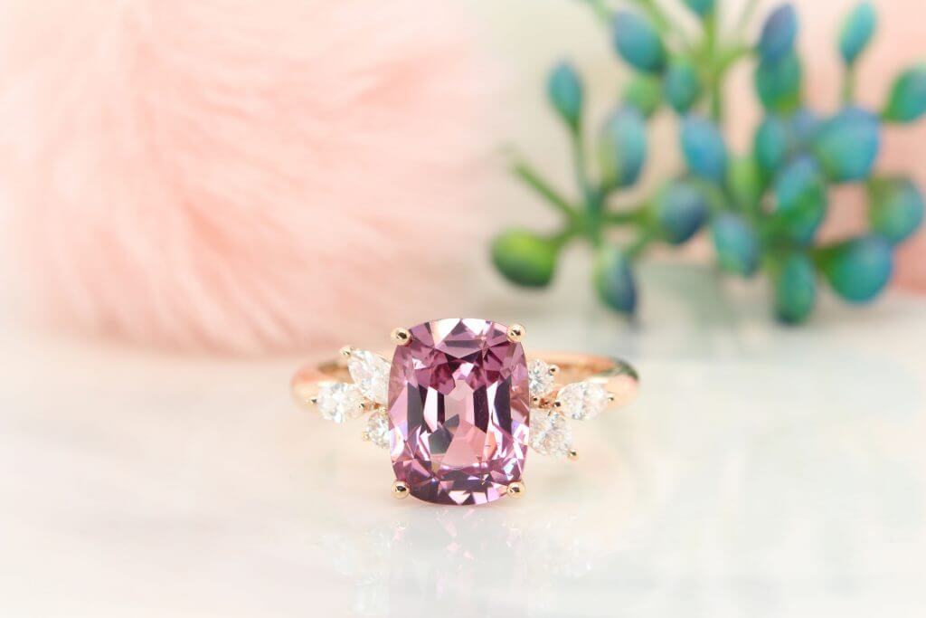 Spine Pink Gemstone Customised Engagement ring with cluster diamond from GIOIA Fine Jewellery in Singapore