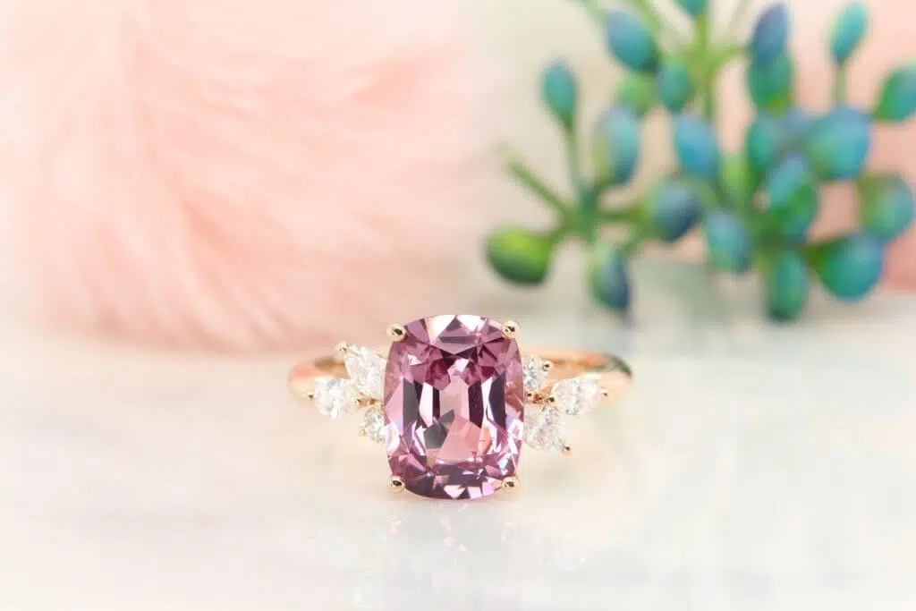 Spine Pink Gemstone Customised Engagement ring with cluster diamond from GIOIA Fine Jewellery in Singapore