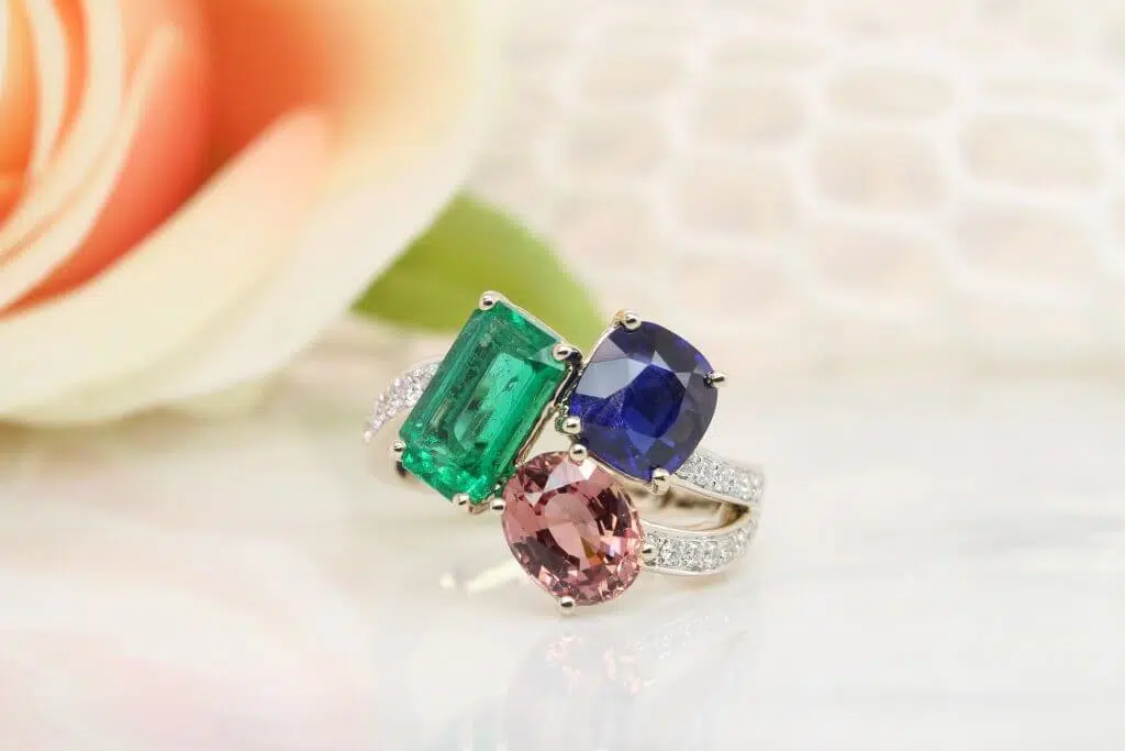 Family Cluster Birthstone Ring with Emerald, Royal Blue Sapphire and Padparadscha Sapphire