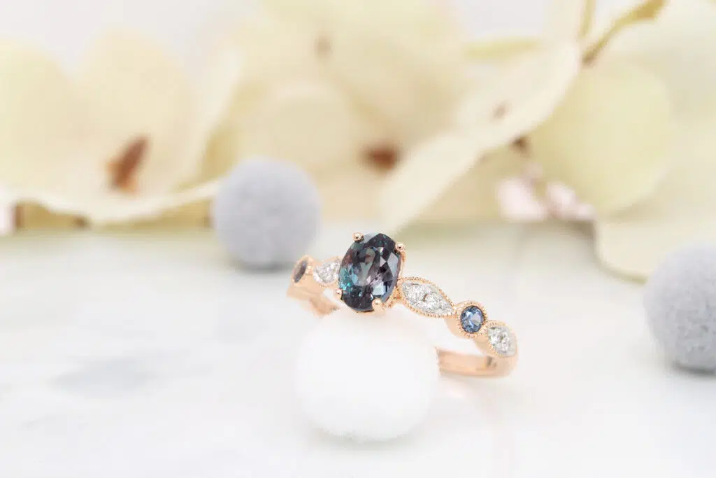 Alexandrite colour change gem engagement ring
