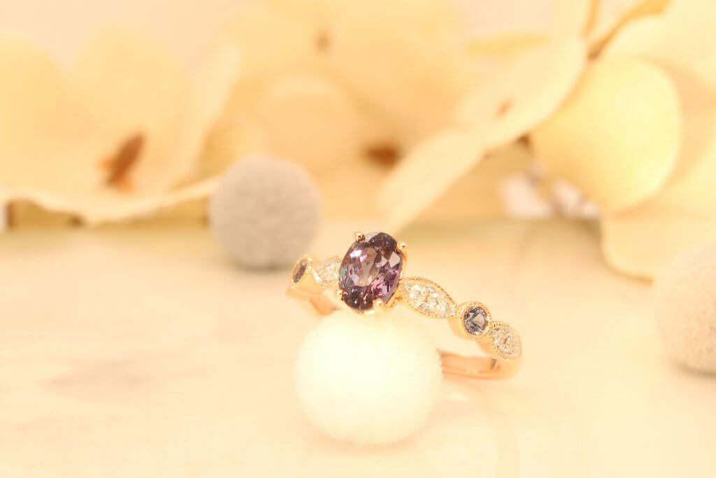 Alexandrite Colour change Vintage Artdeco with Marquise and Round Milgrain Proposal Ring Perspective Bluish Green