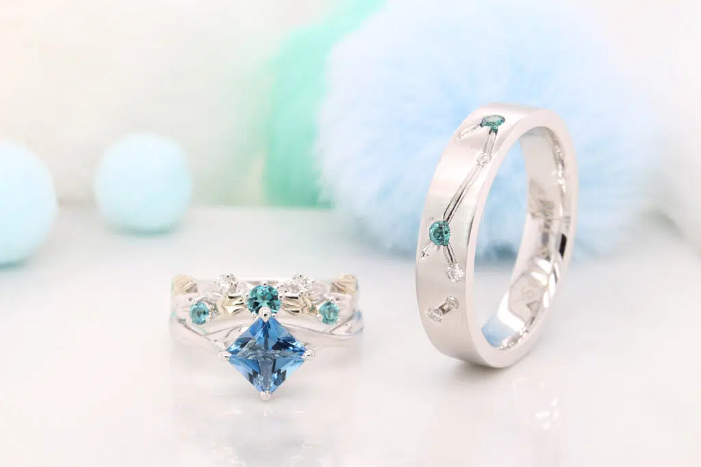 Customised engagement ring with Aquamarine twisted ring and Stackable unique custom wedding Bands