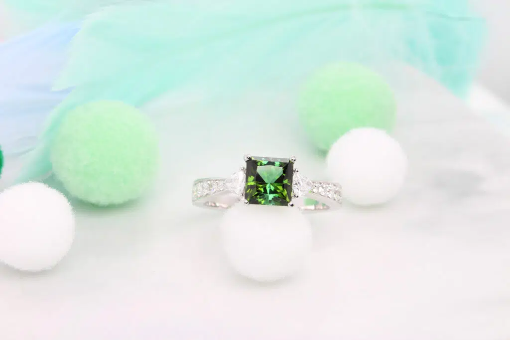 Green Tourmaline engagement ring with unique princess cut shape - Unique Gemstone Engagement Ring in Singapore.