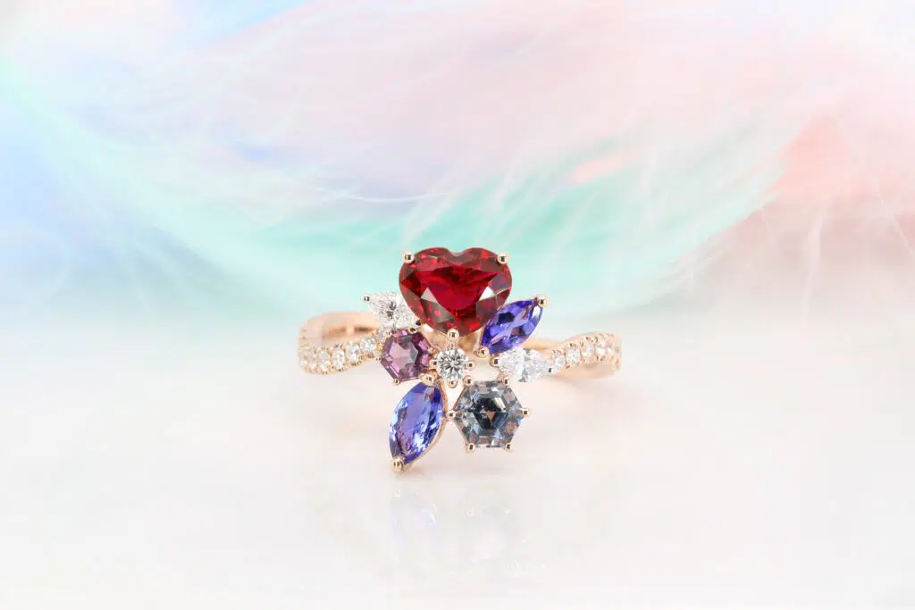 Ruby Gemstone with Family Birthstone jewellery bespoke customised fine jewellery. Unheated Ruby in Heart Shape