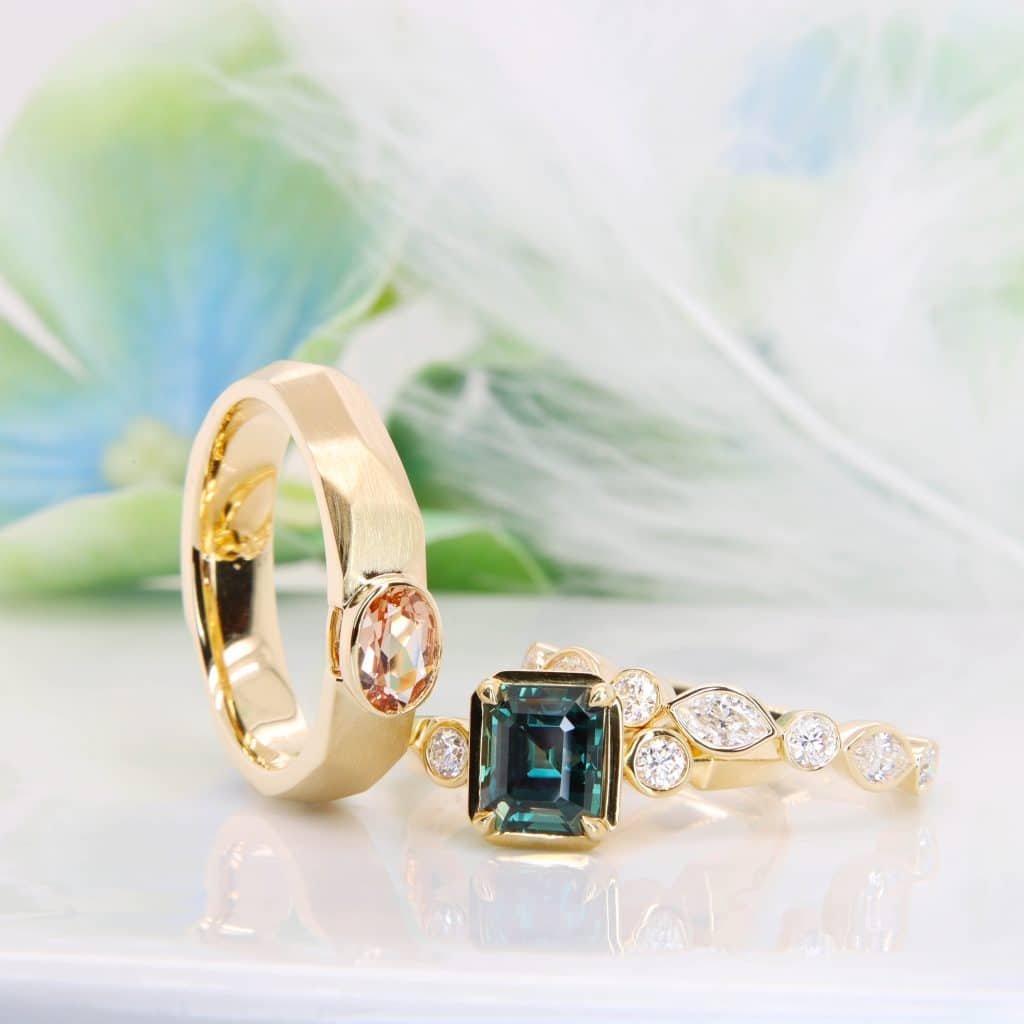 Yellow Gold Wedding Bands with Personalised gemstone and design gemstone engagement ring with Teal sapphire gemstone and birthstone wedding bands - GIOIA Fine Jewellery in Singapore