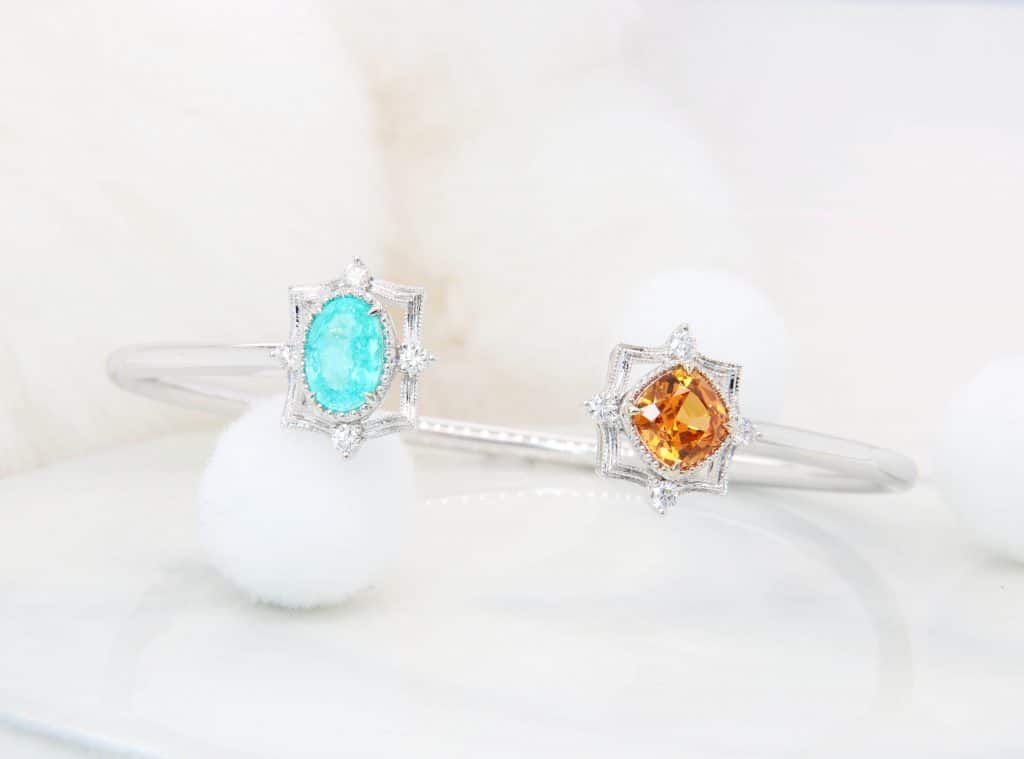 Customised Bangle jewellery Yuan Yang Design with Brazil Paraiba and mandarin garnet