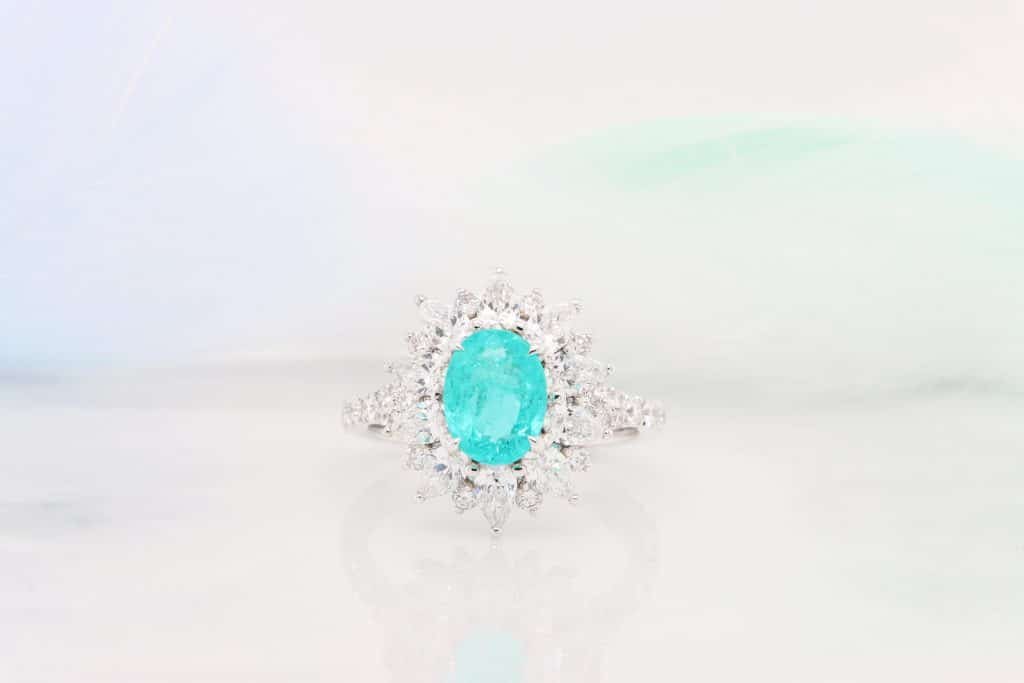 Paraiba Tourmaline from Brazil with halo Diamond ring