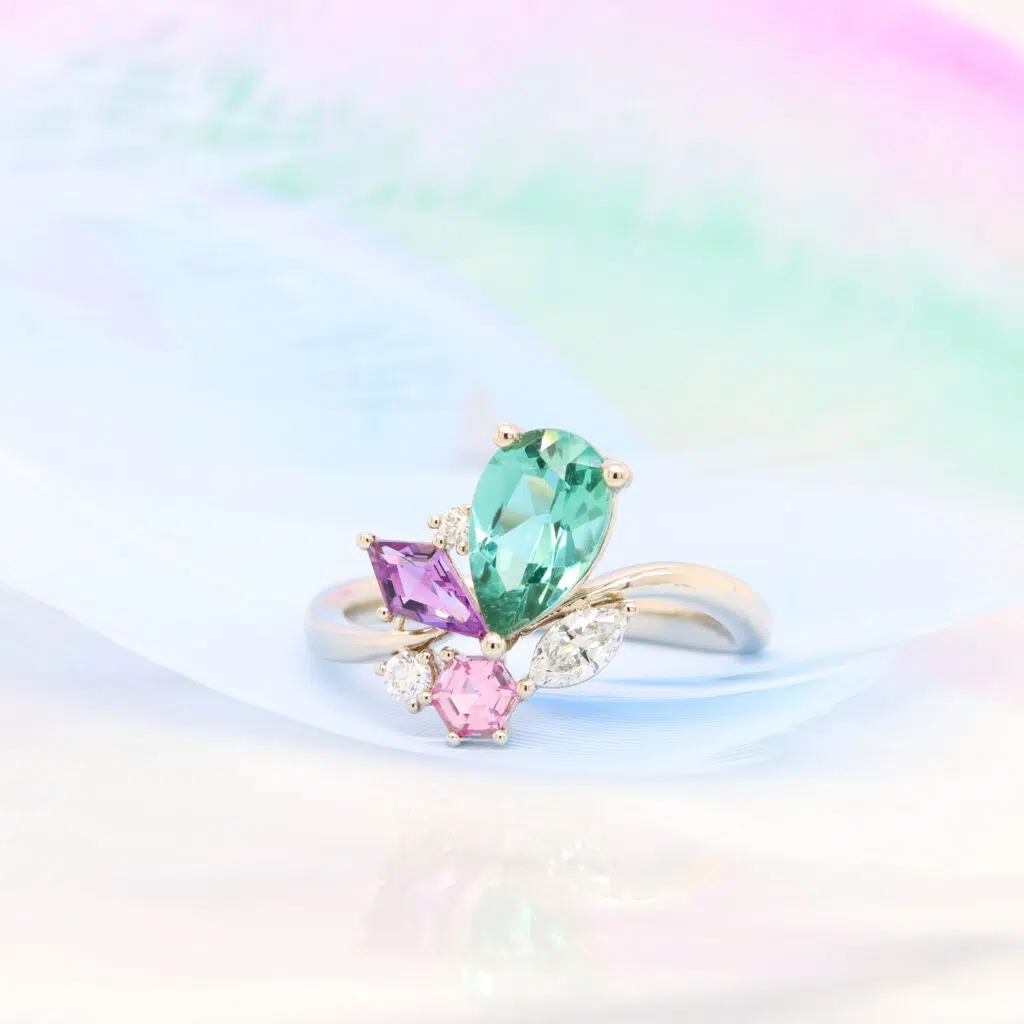 Green Tourmaline Engagement Ring Cluster Gemstone of birthstone creating a unique engagement ring