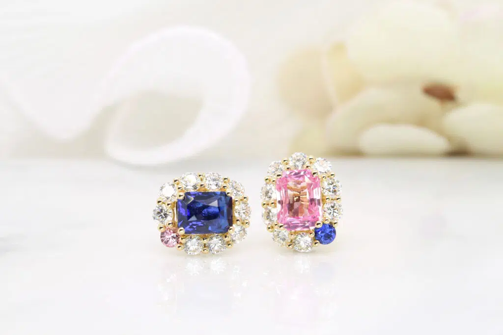 Padparadscha Sapphire Custom Earring to padparadscha orangy-pink wedding engagement ring and bespoke fine jewelry | Custom Jeweller Sapphire in Singapore.