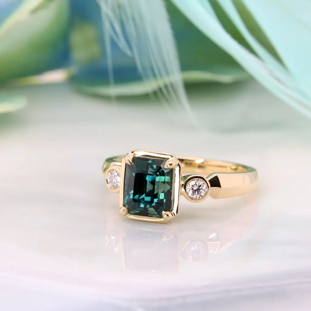 Teal Sapphire with side vintage diamond ring Teal Sapphire - Customised Jewellery Wedding Engagement Ring