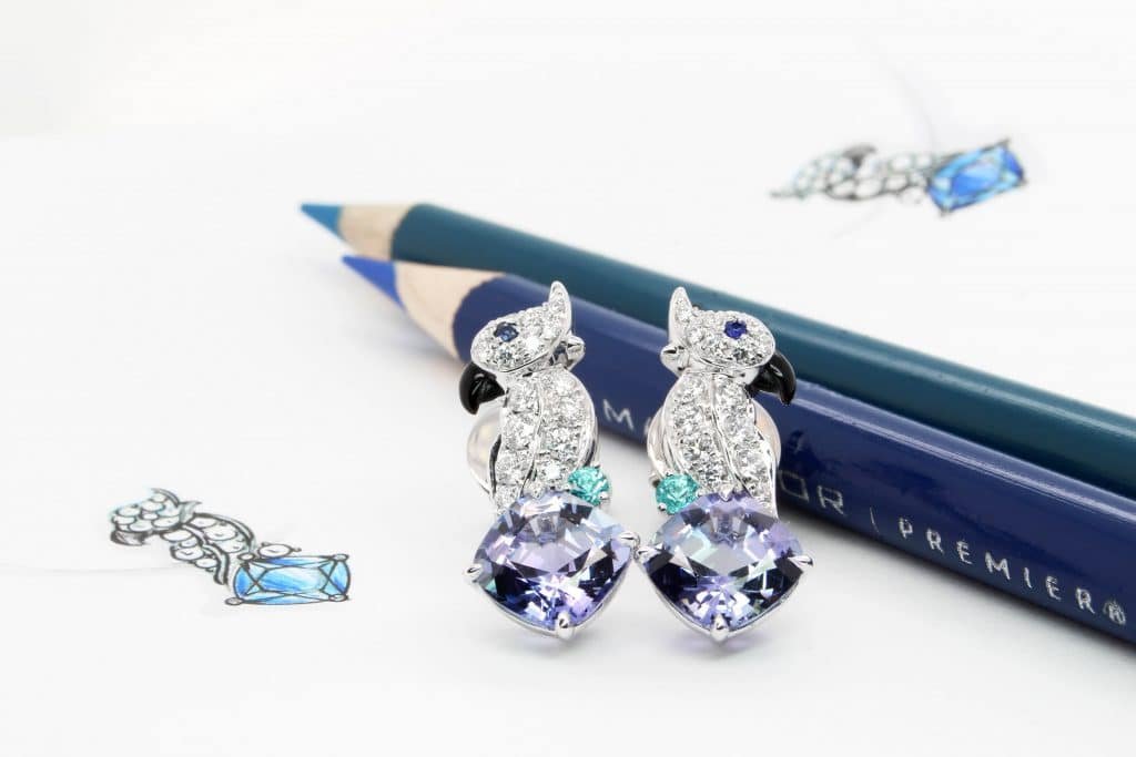 Fine Jewelry Luxury Bespoke Jewellery with tanzanite and paraiba tourmaline Parrot Earring - Boutique Custom Jeweller in Singapore GIOIA Fine Jewellery